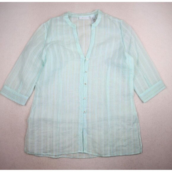 JH COLLECTIBLE - WOMEN'S SHEER LIGHT BLUE STRIPED 3/4 SLEEVE TUNIC TOP - SIZE L - Picture 1 of 5
